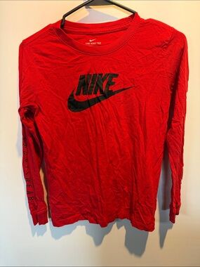 Nike Red Long-Sleeve Shirt with Black Swoosh Size: L
